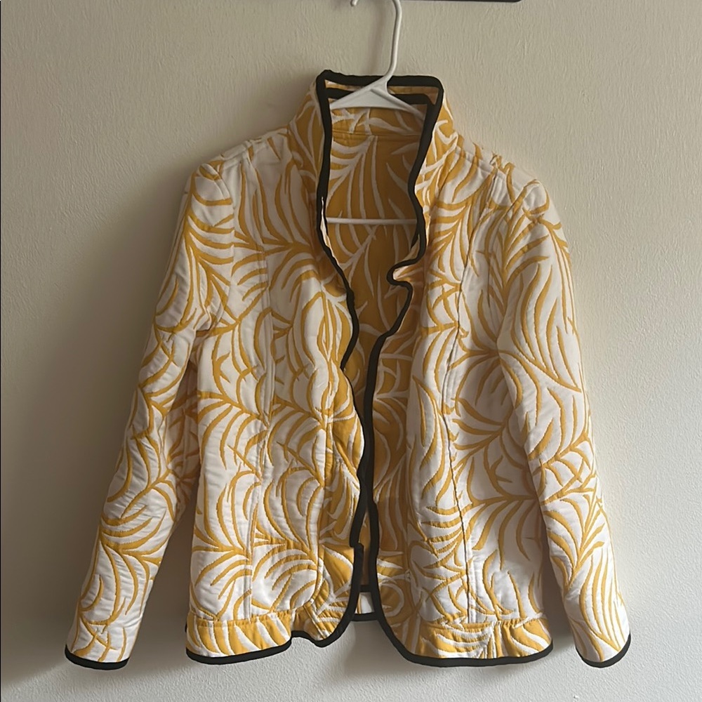 Chic Yellow/White Abstract Quilted Boho Open Front Blazer Black Ruffled Trim